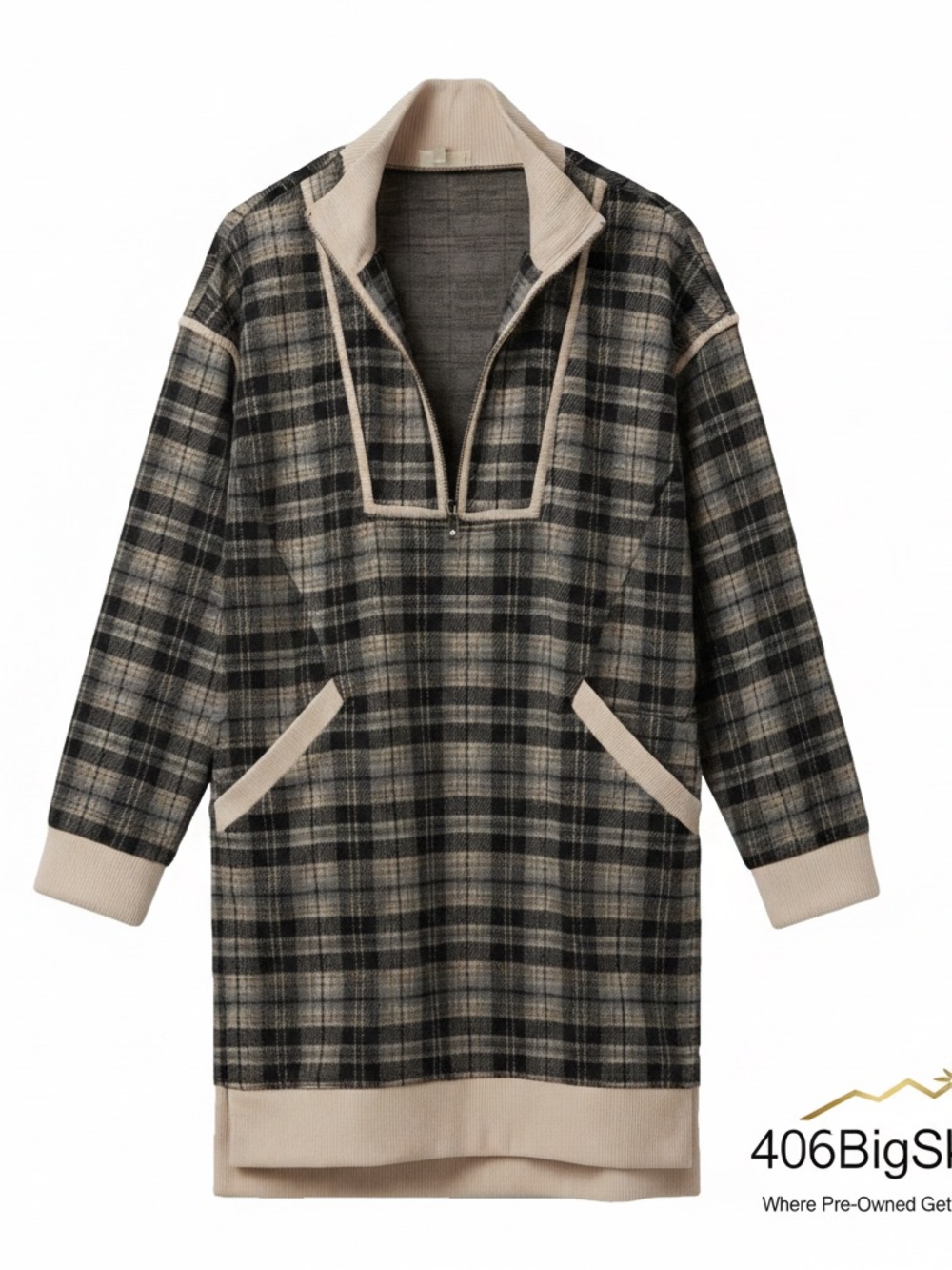 entro Plaid Long-Sleeve Dress in Black and Cream